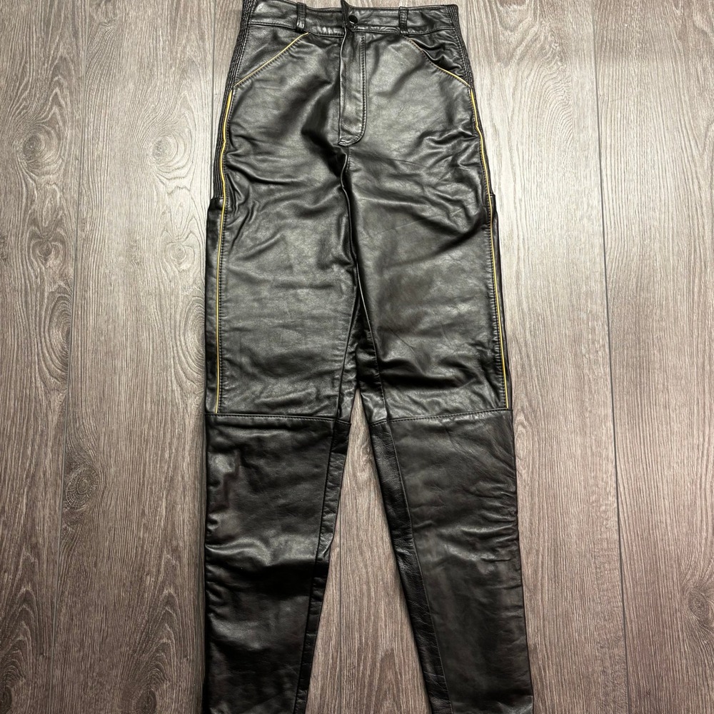Vintage Honda Line Leather Sports Wear Motorcycle Pants Black Yellow Piping 10